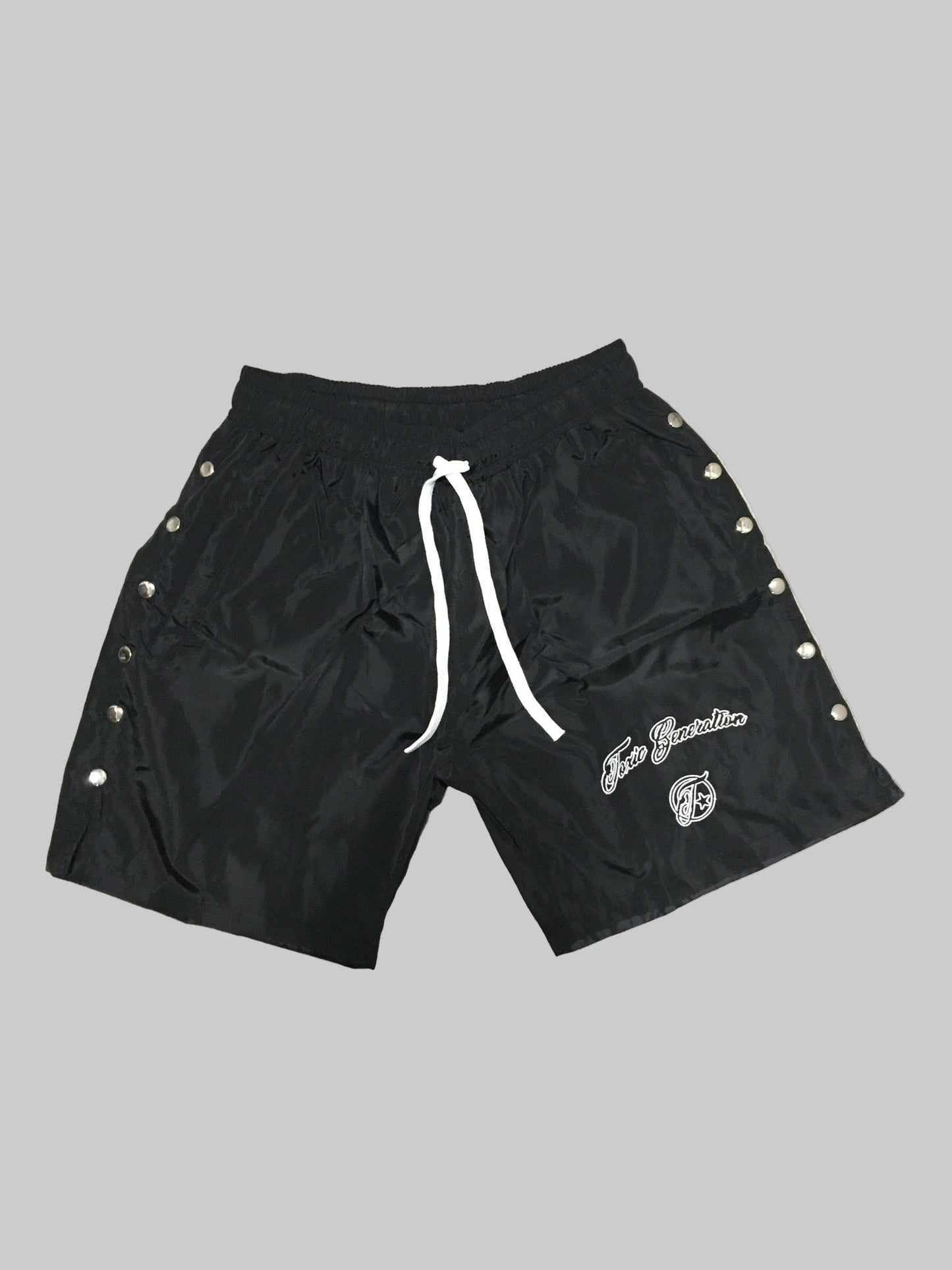 Black shorts with white drawstring and branding