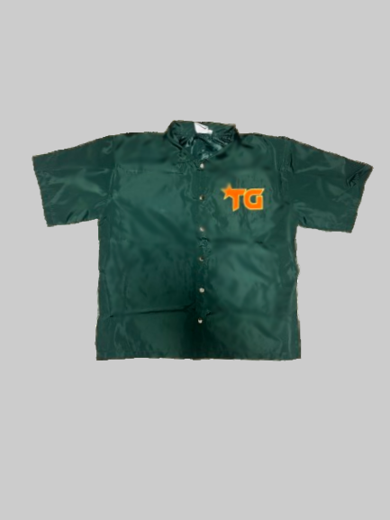 Green shirt with orange logo on a white background
