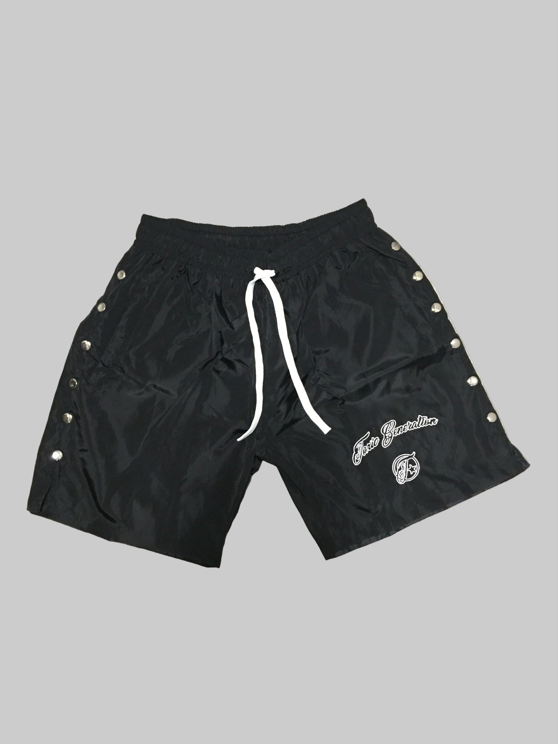 Black shorts with white drawstring and branding