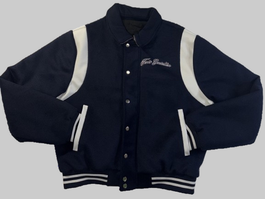 Navy blue varsity jacket with white accents on a white background